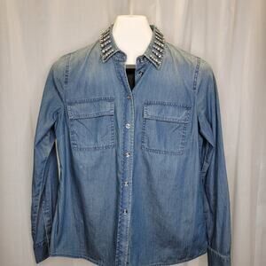 MICHAEL Michael Kors Denim Button Up w/ Jeweled Collar, M